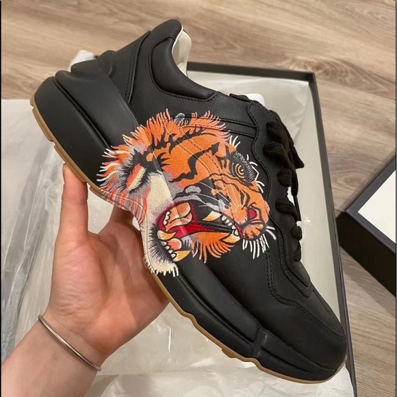 Gucci Other - GUCCI Calfskin Tiger Print Mens Rhyton Sneakers Gucci 7=US8